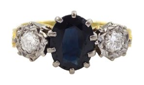 18ct gold three stone oval sapphire and round brilliant cut diamond ring