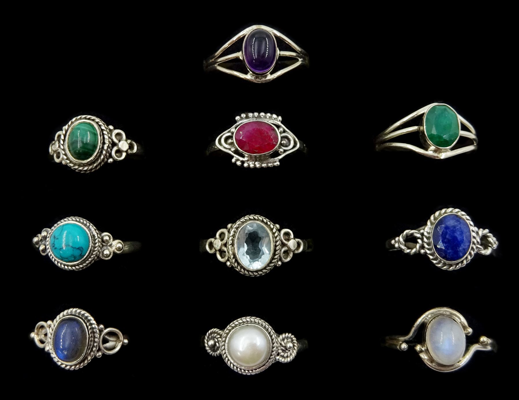 Ten silver stone set rings including turquoise