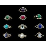 Ten silver stone set rings including turquoise