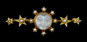 Victorian 15ct gold moonstone and seed pearl brooch