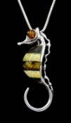 Silver Baltic amber seahorse pendant necklace