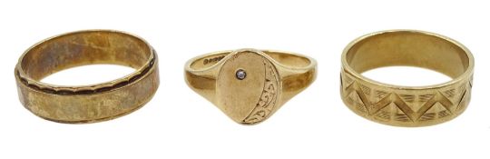Gold diamond set signet ring and two gold wedding bands