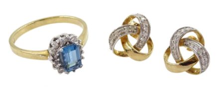 Gold blue topaz and diamond cluster ring and a pair of gold diamond knot stud earrings