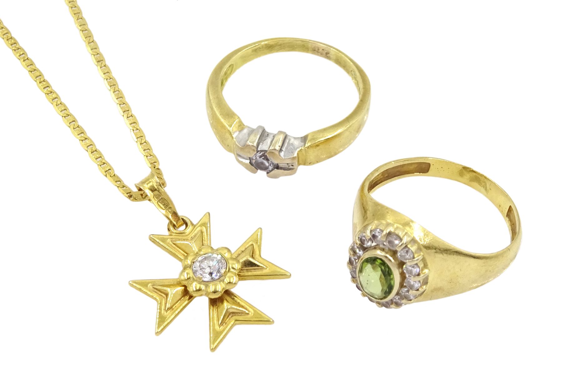 Two 18ct gold paste stone set rings and a 9ct gold cubic zirconia Maltese cross pendant necklace