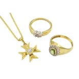 Two 18ct gold paste stone set rings and a 9ct gold cubic zirconia Maltese cross pendant necklace