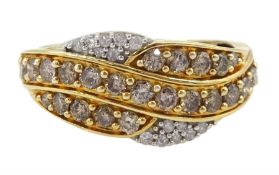 Silver-gilt champagne and white round brilliant cut diamond crossover ring