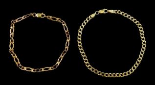 Rose gold fancy link bracelet and a yellow gold flattened curb link bracelet