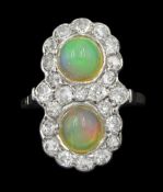 White gold two stone opal and old cut diamond dress ring