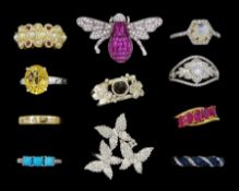 Eleven silver and silver-gilt stone set rings including butterfly