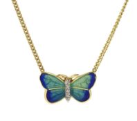 18ct gold green/blue enamel and diamond butterfly necklace