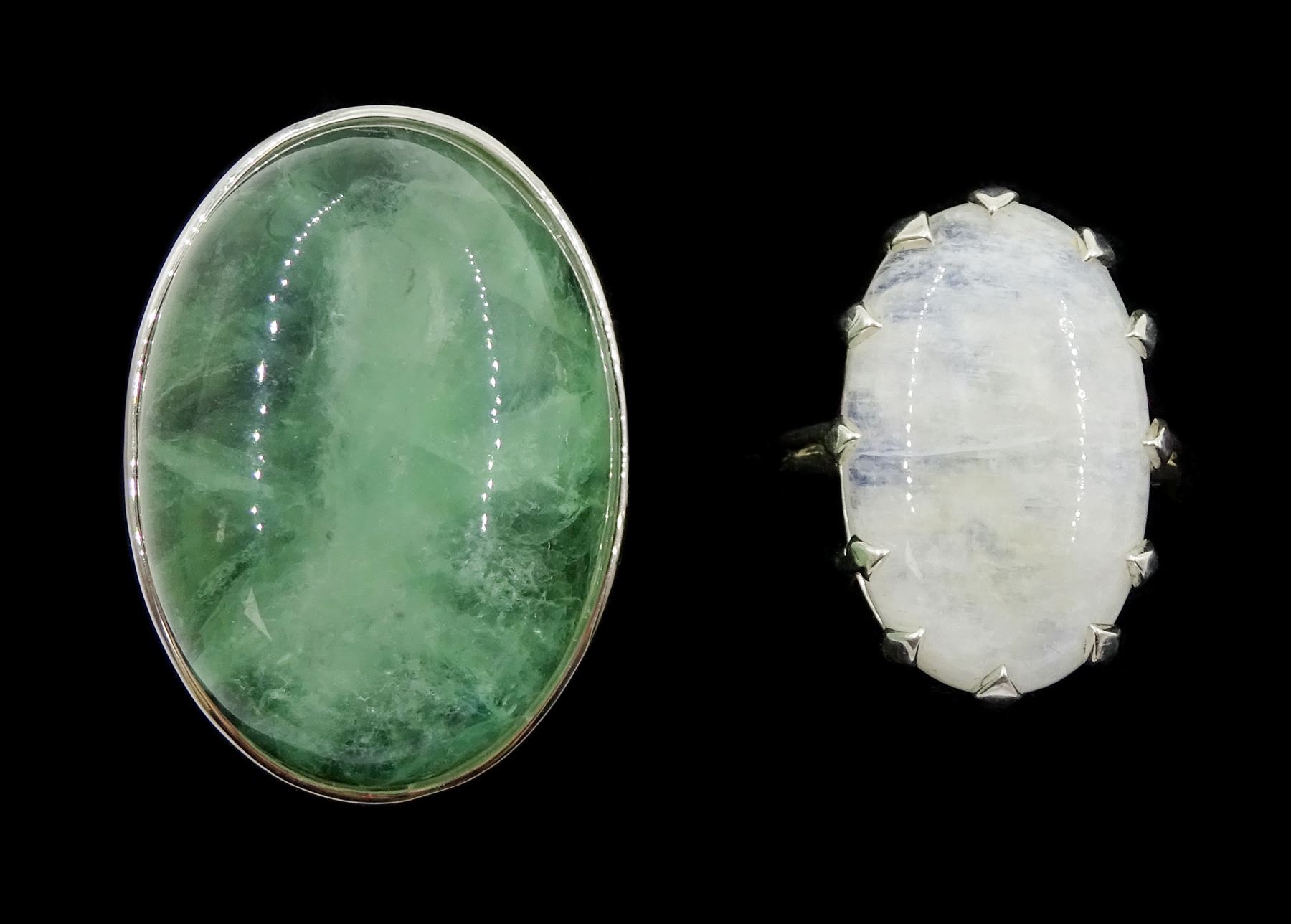 Silver single stone moonstone ring and a large silver green fluorite ring - Image 2 of 2