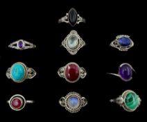 Ten silver stone set rings including turquoise