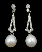 Pair of pearl and cubic zirconia pendant stud earrings