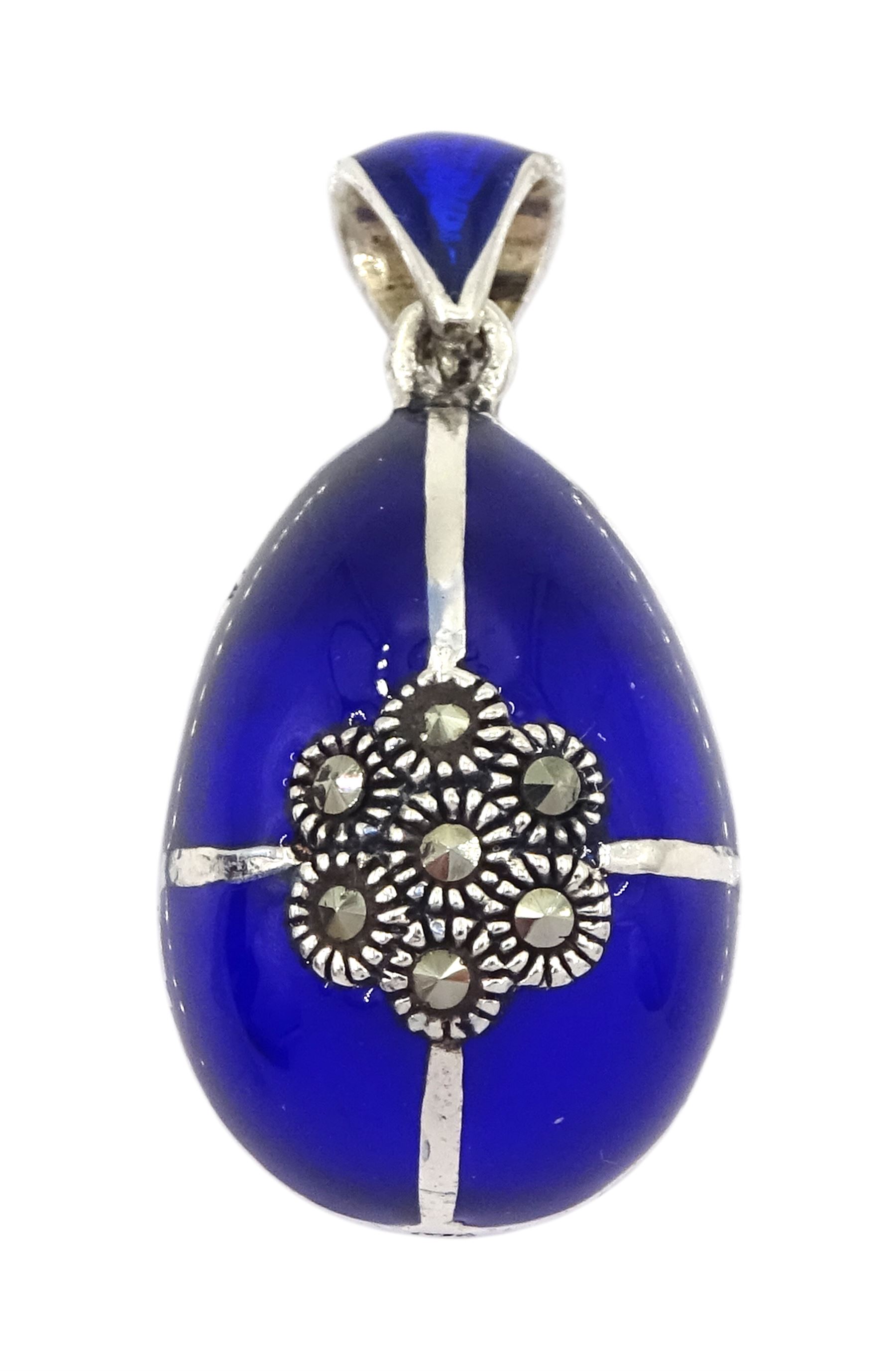 Silver blue enamel and marcasite egg pendant