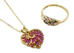 Gold ruby heart shaped pendant necklace and a gold emerald and diamond ring