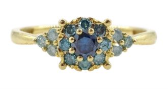 9ct gold round blue diamond cluster ring