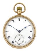 Early 20th century 9ct gold open face keyless Swiss lever pocket watch