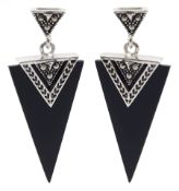Pair of silver black agate and marcasite triangle pendant stud earrings