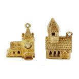 Two 9ct gold charms including church wedding ceremony and a church
