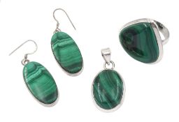 Silver malachite jewellery including pear shaped ring