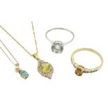 9ct gold stone set jewellery including parabia tourmaline and diamond pendant necklace