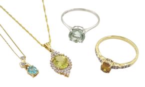 9ct gold stone set jewellery including parabia tourmaline and diamond pendant necklace