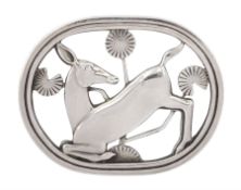 Georg Jensen silver kneeling deer brooch amongst stylised flowers