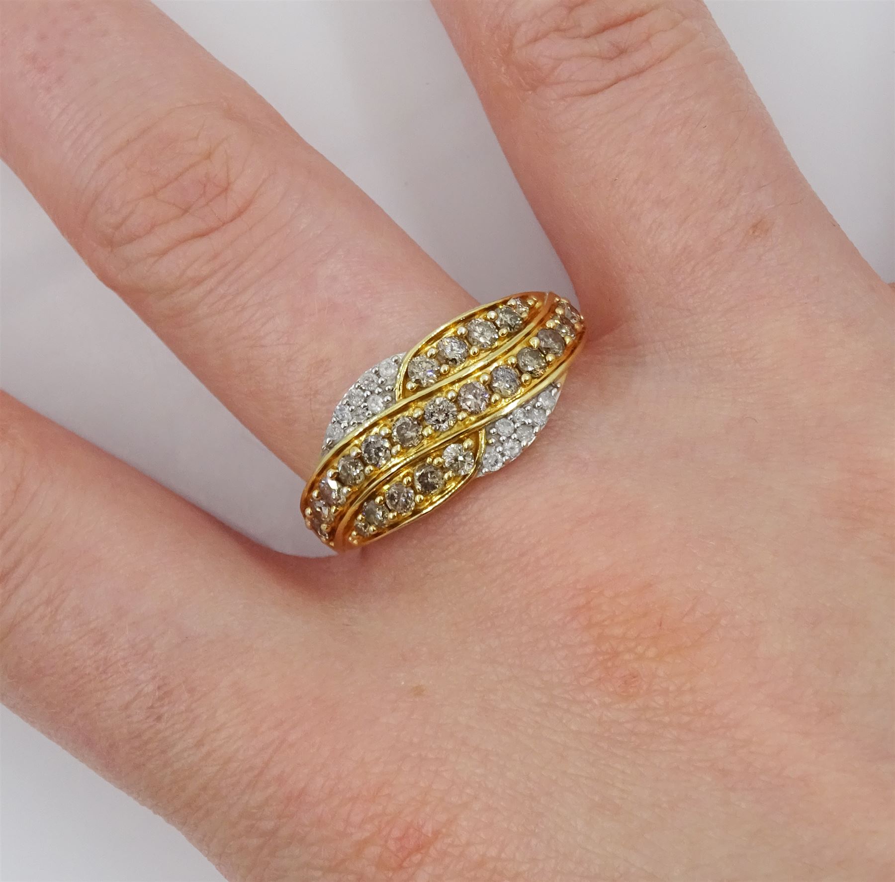 Silver-gilt champagne and white round brilliant cut diamond crossover ring - Image 2 of 4