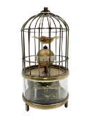 Automation bird cage clock of predominantly brass construction with central rotating orb and two bir