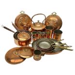 Set of three graduating copper sauce pans with covers