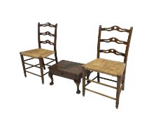 Pair 19th century waived and pierced ladder back kitchen chairs with rush seats