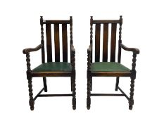 Pair early 20th century oak carver armchairs