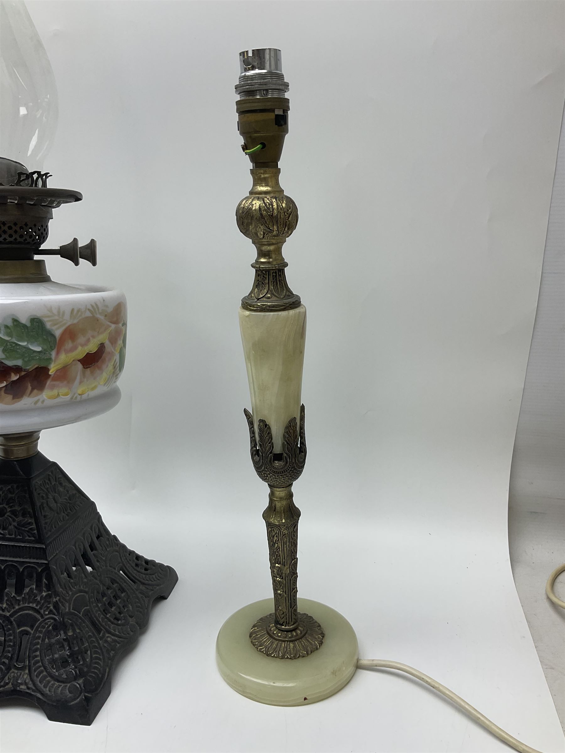 Oil lamp with ornate metal base and painted glass reservoir - Image 6 of 10