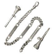 Silver curb link watch chain and two miniature propelling pencils with stone set seals