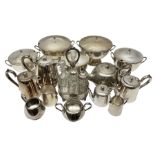 Five silver plate twin handled soup tureens with covers