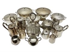 Five silver plate twin handled soup tureens with covers