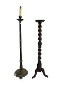 19th century mahogany spiral turned torchere candle stand (H128cm); 19th century black lacquered sta