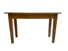 Early 20th century oak kitchen table (W122cm D53cm H77cm); and stained pine and beech stool or small