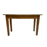 Early 20th century oak kitchen table (W122cm D53cm H77cm); and stained pine and beech stool or small