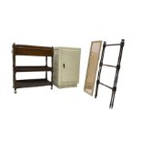 Mid-20th century kitchen food safe (W48cm D49cm H86cm); oak three-tier drinks trolley; towel rail; w