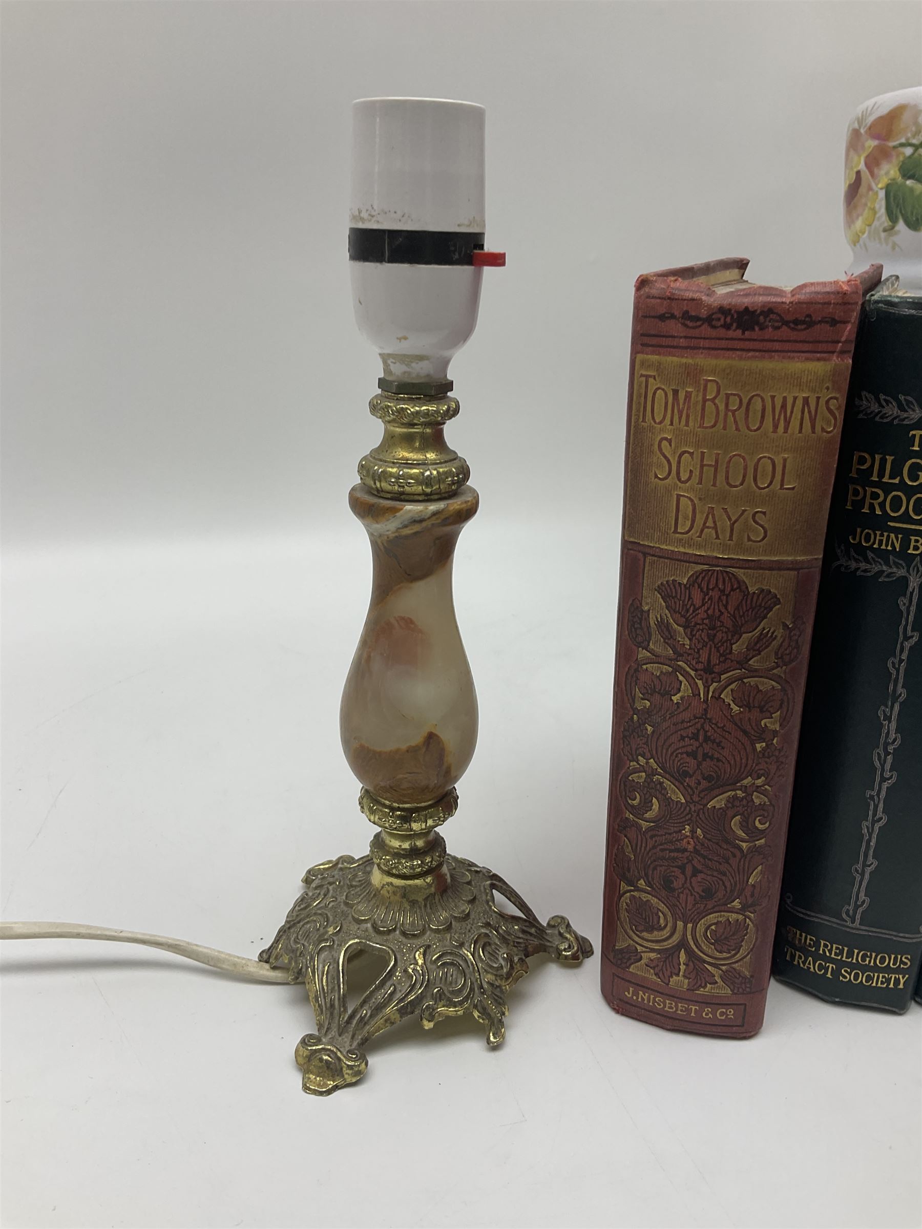 Oil lamp with ornate metal base and painted glass reservoir - Image 2 of 10