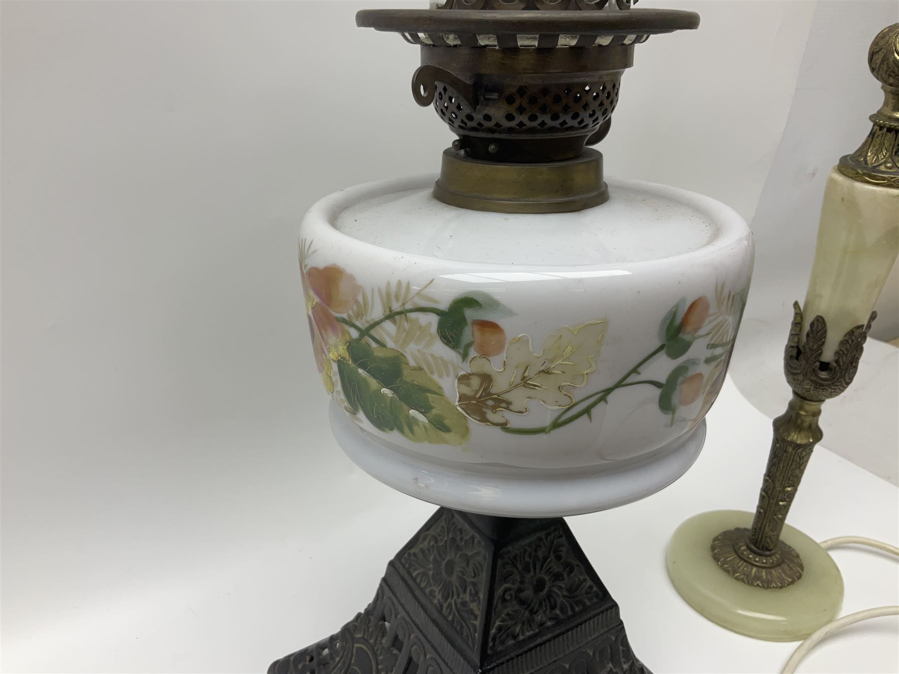 Oil lamp with ornate metal base and painted glass reservoir - Image 10 of 10