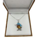 Silver Baltic amber and turquoise kingfisher pendant necklace