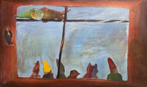 Thomasin Toohie (British Contemporary): Garden Gnomes Through the Window