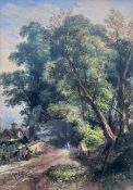 Thomas Robert Colman Dibdin (British 1810-1893): Figures Crossing a Bridge on a Wooded Country Lane