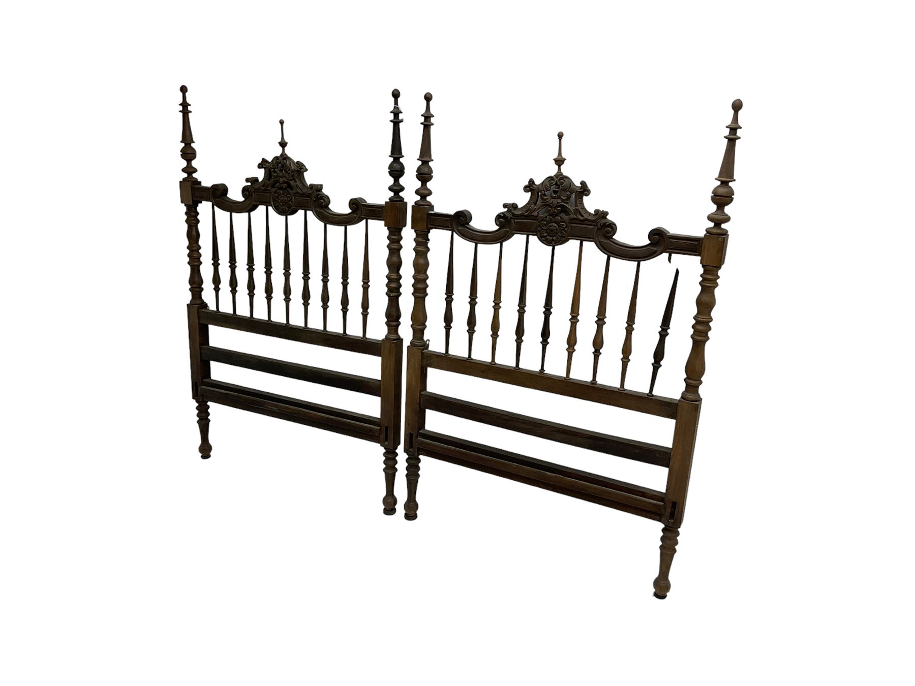 Pair Spanish stained beech single 3' bedsteads - Image 6 of 12