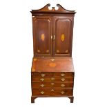 George III mahogany bureau bookcase with later Edwardian inlays