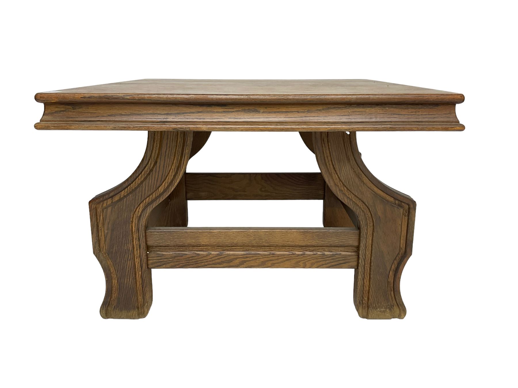 Square oak coffee table on shaped moulded base