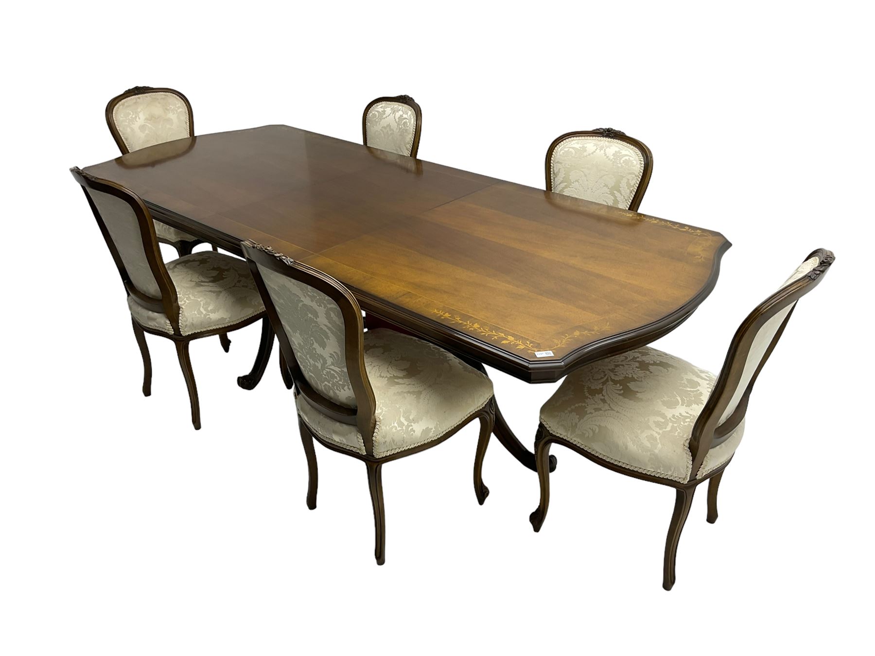 French inlaid walnut extending twin pedestal dining table
