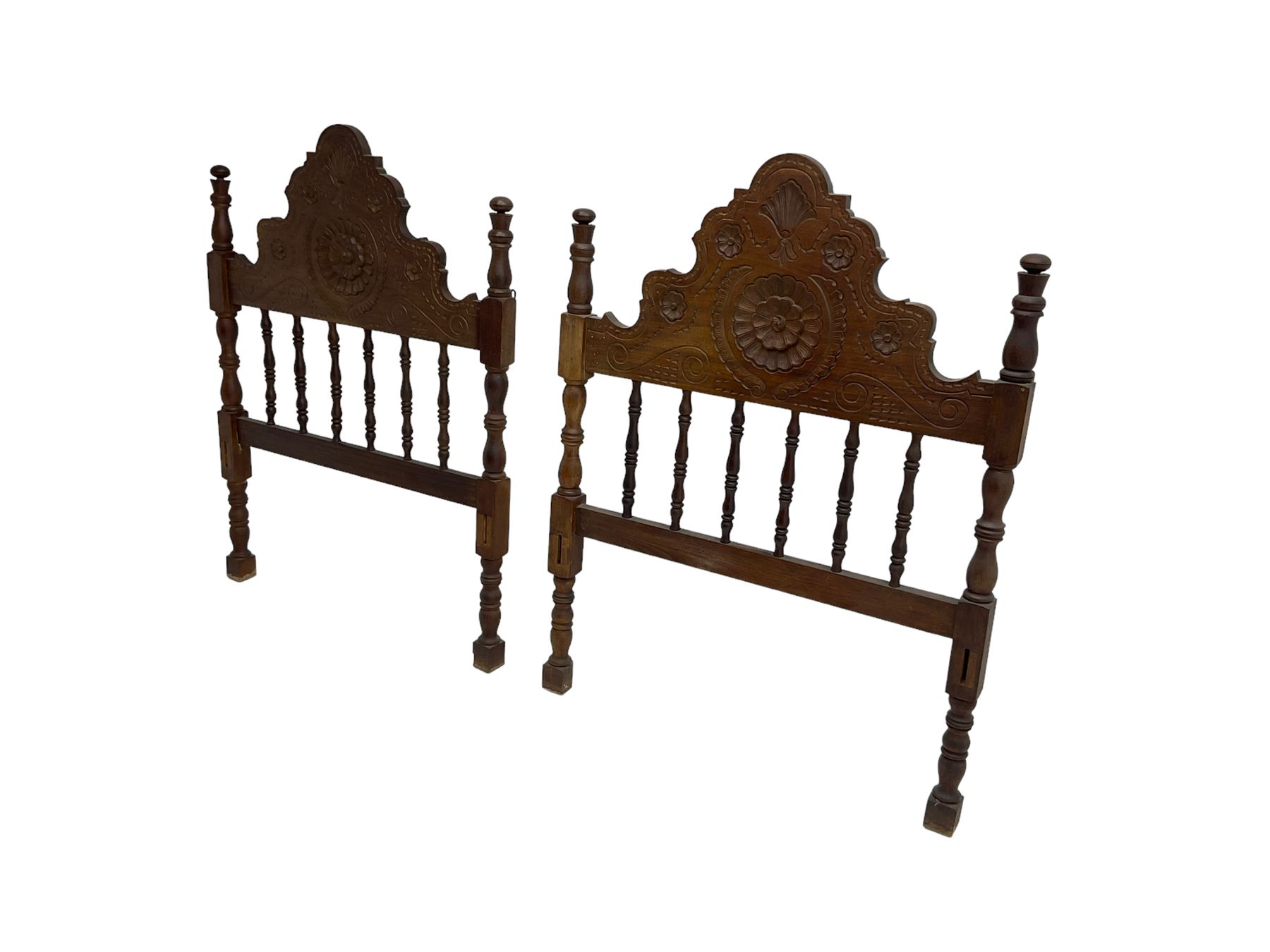 Pair Spanish stained beech single 3' bedsteads - Image 11 of 12
